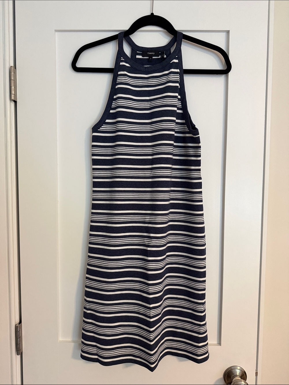 Theory Navy and White Striped Halter Midi Dress